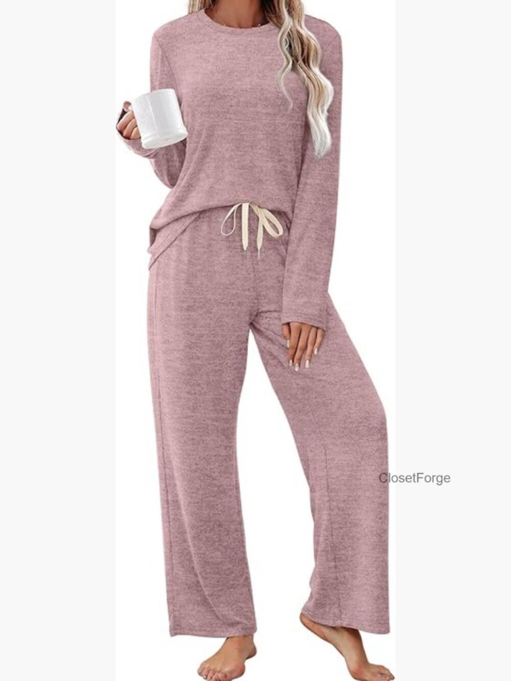 Cozy Long Sleeve Pajama Set with Wide Leg Pants - Plus Size